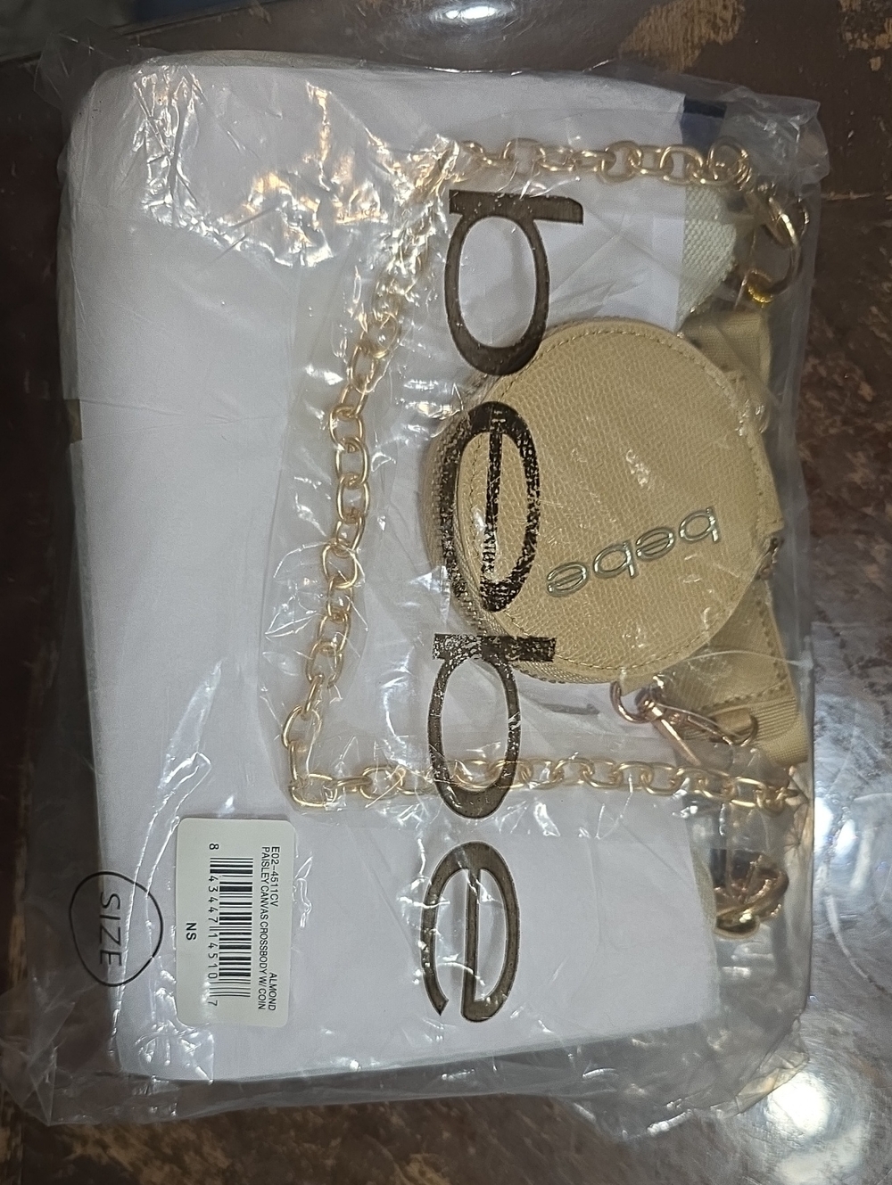 NWT bebe Almond Paisley Canvas Crossbody with Gold Chain and Coin Pouc MSRP $99